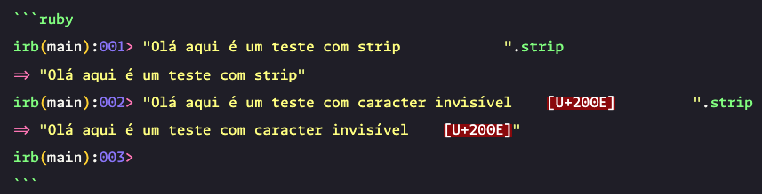 Exemplo do Caractere invisível em ação